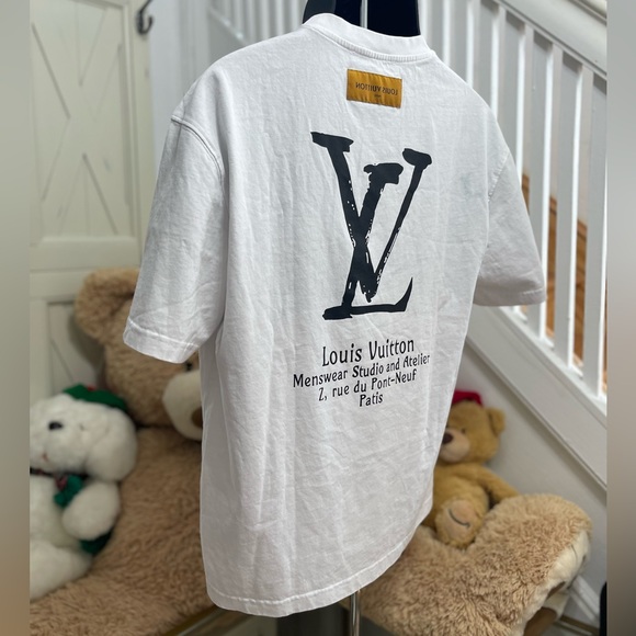 Fair Men’s Small Louis Vuitton Paris Logo Print Cotton T-shirt In White/Black - Picture 6 of 14